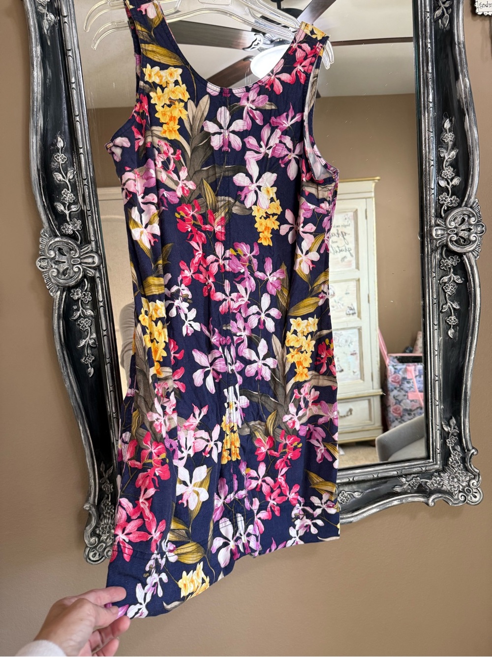 Navy Floral Tank Dress with Pink & Yellow Blossoms